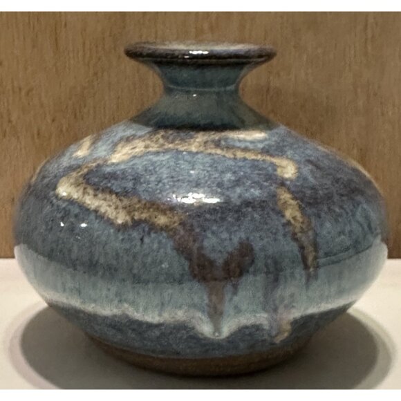 Handmade Other - Studio Art Pottery Mini Vase Pot Artist Signed Blue Drip Short Squat Glazed